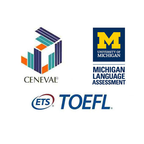 Logotipos de CENEVAL, MICHIGAN y TOEFL, para educación superior